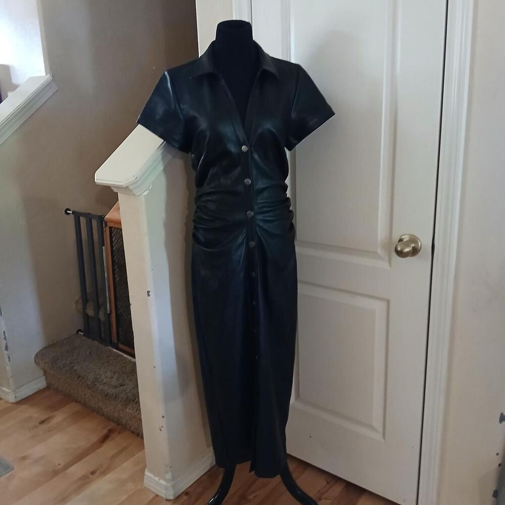 Pilcro Anthropologie Greer Faux Leather Midi Shirtdress Black M Edgy Streetwear - Picture 3 of 10